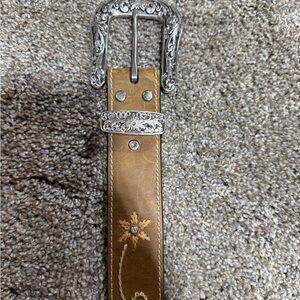 Embroidered Leather Belt with Silver Buckle